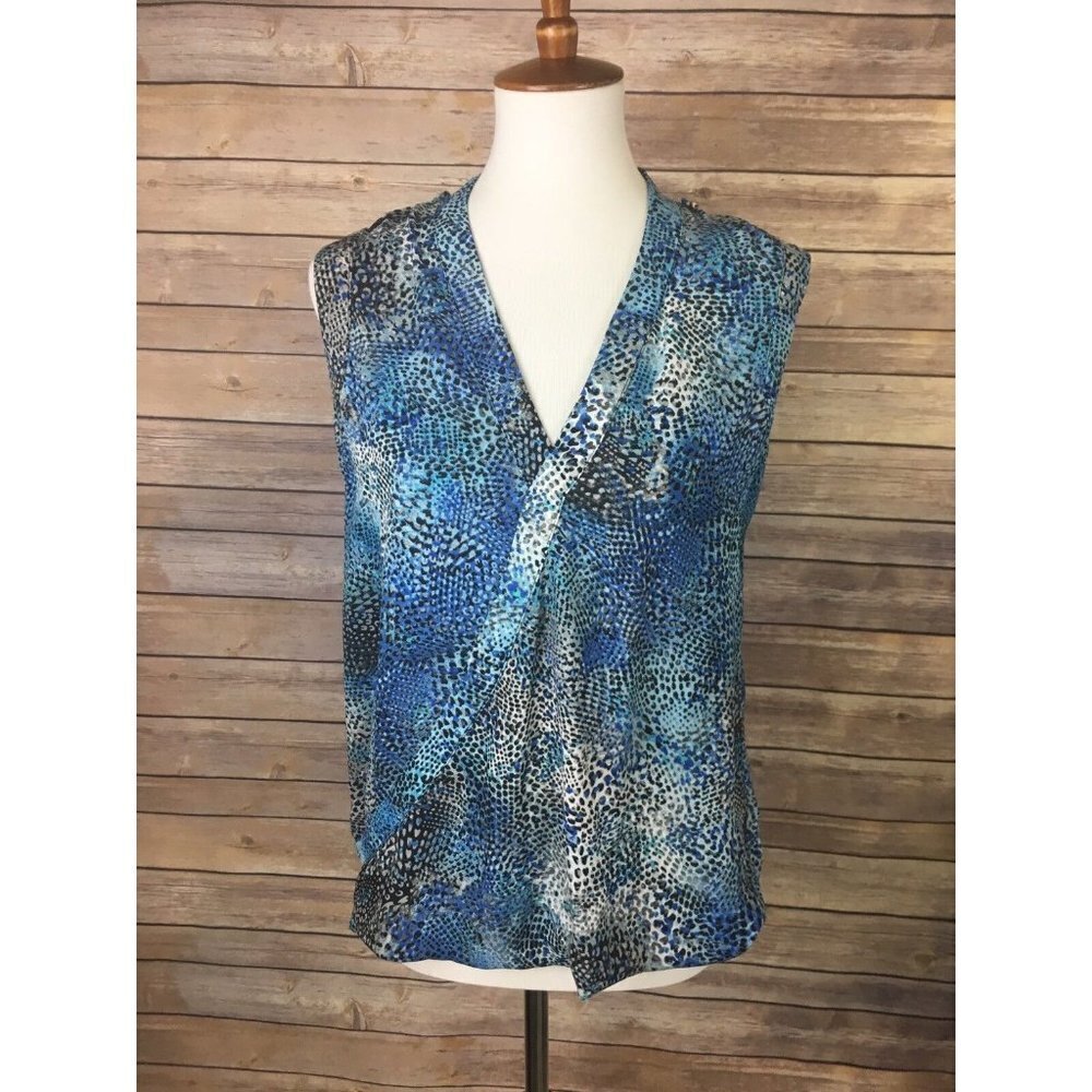 Apt 9 Small Crossover Front Sleeveless Blouse Top Animal Promt Blue Button